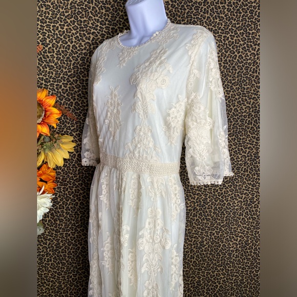 🦋B2G1🦋Vintage Style Antique Ivory Embroidered Lace Modest Midi Dress NWOT - Picture 9 of 14